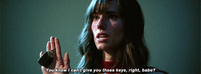 A Woman Is Holding A Key In Her Hand And Says " You Know I Can 'T Give You Those Keys Right Babe " GIF