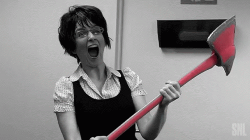 A Woman Is Holding A Large Red Axe With The Snl Logo On The Bottom Right GIF
