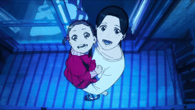 A Woman Is Holding A Little Girl In Her Arms While Looking Up GIF