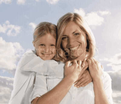A Woman Is Holding A Little Girl On Her Shoulders And Smiling GIF
