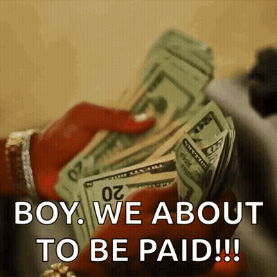 A Woman Is Holding A Pile Of Money With The Words Boy We About To Be Paid GIF