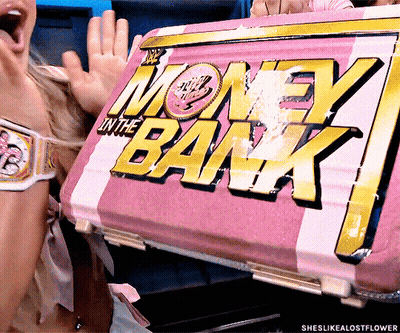A Woman Is Holding A Pink And White Box That Says Money In The Bank GIF
