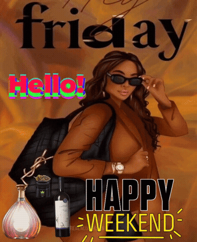 A Woman Is Holding A Purse And A Bottle Of Wine With The Words Friday Happy Weekend GIF