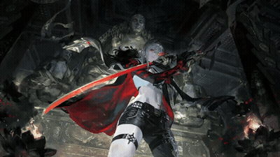 A Woman Is Holding A Red Sword In Front Of A Buddha Statue GIF