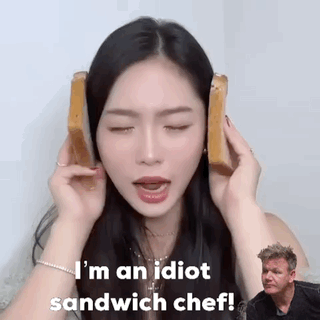 A Woman Is Holding A Sandwich In Front Of Her Ear And Says I 'M An Idiot Sandwich Chef . GIF