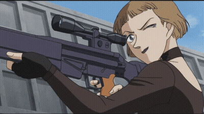 A Woman Is Holding A Sniper Rifle With A Scope GIF