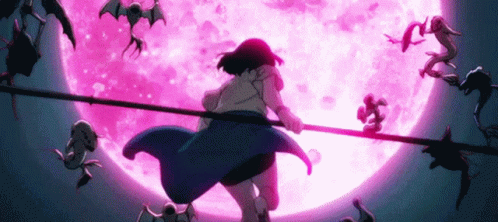 A Woman Is Holding A Stick In Front Of A Pink Moon Surrounded By Bats . GIF