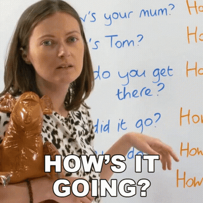 A Woman Is Holding A Stuffed Animal In Front Of A White Board With The Words How 'S It Going Written On It GIF