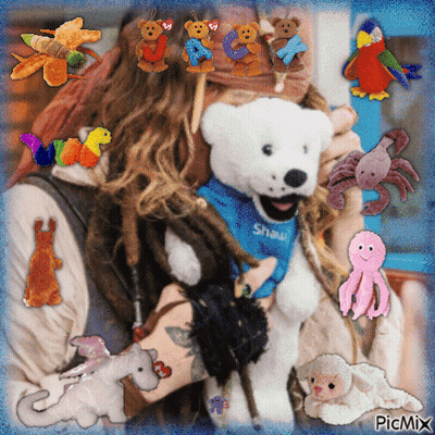 A Woman Is Holding A Stuffed Animal With The Name Shaw On It GIF