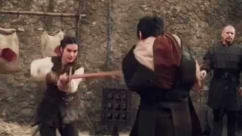 A Woman Is Holding A Sword And A Man Is Holding A Sword . GIF