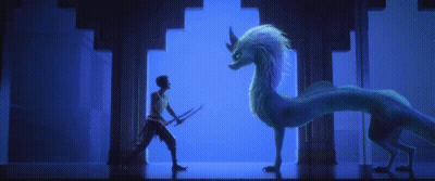 A Woman Is Holding A Sword In Front Of A Blue Dragon In A Room . GIF