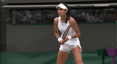 A Woman Is Holding A Tennis Racket On A Tennis Court . GIF