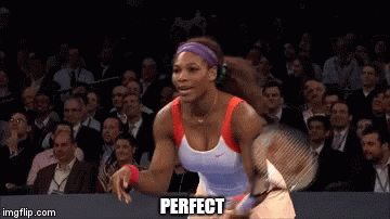 A Woman Is Holding A Tennis Racquet And The Word Perfect Is On The Bottom GIF