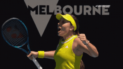 A Woman Is Holding A Tennis Racquet In Front Of A Melbourne Sign GIF