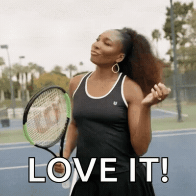 A Woman Is Holding A Tennis Racquet On A Tennis Court And Saying `` Love It ! '' GIF