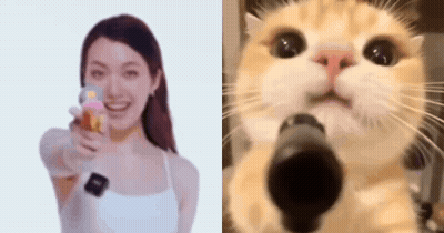 A Woman Is Holding A Toy Gun Next To A Cat That Is Holding A Toy Gun . GIF