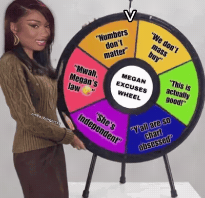 A Woman Is Holding A Wheel That Says Megan Excuses Wheel On It GIF