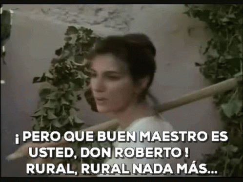 A Woman Is Holding A Wooden Stick And Says " Pero Que Buen Maestro Es Usted " GIF