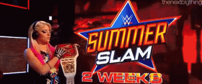 A Woman Is Holding A Wrestling Championship Belt In Front Of A Sign That Says Summer Slam . GIF