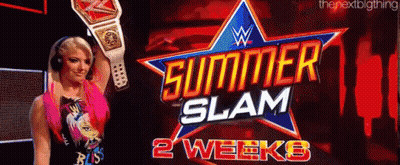 A Woman Is Holding A Wrestling Championship Belt In Front Of A Summer Slam Logo . GIF