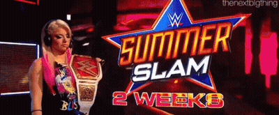 A Woman Is Holding A Wrestling Championship While Wearing Headphones In Front Of A Sign That Says Summer Slam 2 Weeks GIF