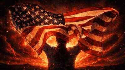 A Woman Is Holding An American Flag In Front Of A Firey Sky GIF