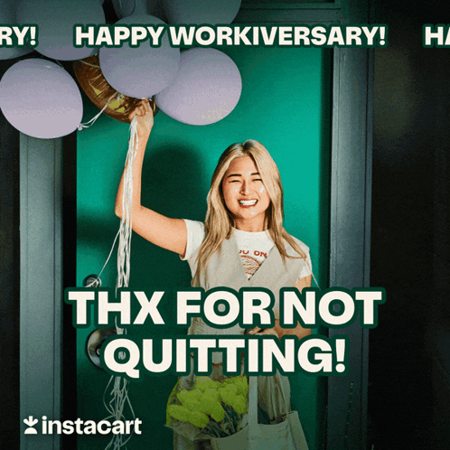 A Woman Is Holding Balloons In Front Of A Door That Says Happy Workiversary Thx For Not Quitting GIF