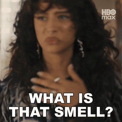 A Woman Is Holding Her Chest And Saying What Is That Smell GIF