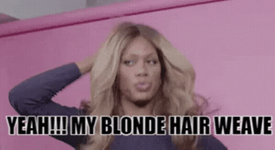 A Woman Is Holding Her Hair In Front Of A Pink Wall And Says `` Yeah ! My Blonde Hair Weave '' . GIF