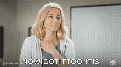 A Woman Is Holding Her Hand To Her Chest And Saying `` Now Gotit Too-Itis '' . GIF