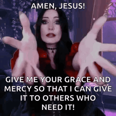 A Woman Is Holding Her Hands Out In Front Of Her Face And Saying Amen Jesus ! GIF