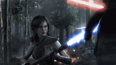 A Woman Is Holding Two Lightsabers In Front Of A Red Light GIF