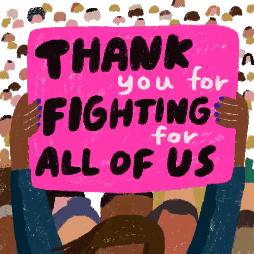 A Woman Is Holding Up A Pink Sign That Says Thank You For Fighting For All Of Us Sticker