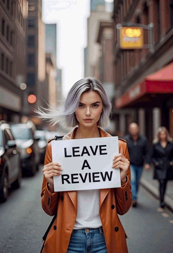 Woman Holding Leave A Review Sign GIF