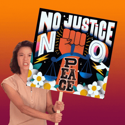 A Woman Is Holding Up A Sign That Says No Justice In Peace GIF