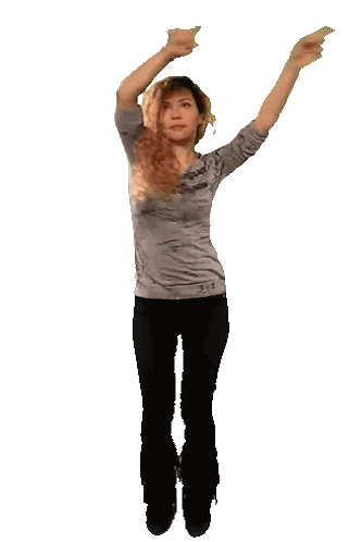 A Woman Is Jumping In The Air With Her Arms Outstretched And A Shirt That Says Desigual On It Sticker