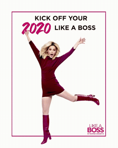 A Woman Is Jumping In The Air With The Words Kick Off Your 2020 Like A Boss Behind Her GIF