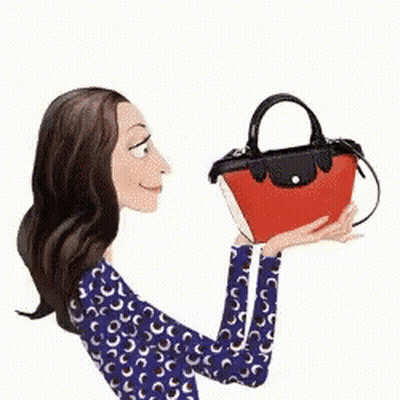 A Woman Is Kissing A Red Purse In Her Hand . GIF