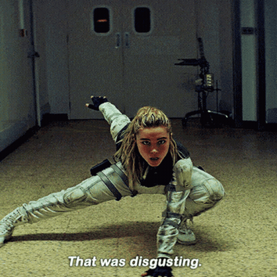 A Woman Is Kneeling Down With The Words That Was Disgusting Written Below Her GIF