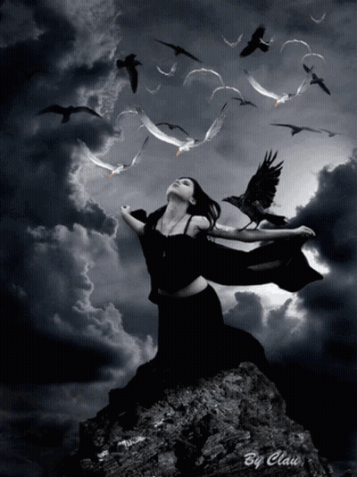 A Woman Is Kneeling On A Rock With Birds Flying Around Her And The Words By Clau On The Bottom Right GIF