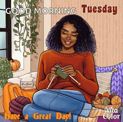 A Woman Is Knitting While Sitting On A Chair . GIF
