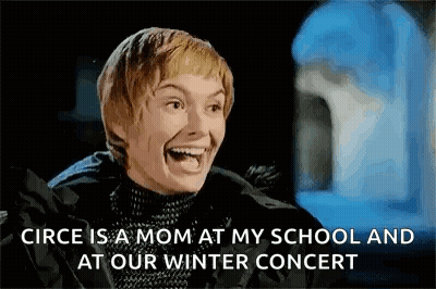 A Woman Is Laughing And Saying `` Circe Is A Mom At My School And At Our Winter Concert '' GIF