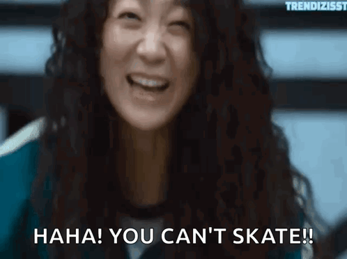 A Woman Is Laughing And Saying `` Haha You Can 'T Skate '' . GIF
