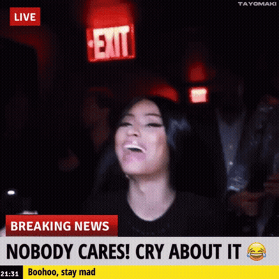 A Woman Is Laughing In Front Of A Breaking News Headline That Says Nobody Cares Cry About It GIF