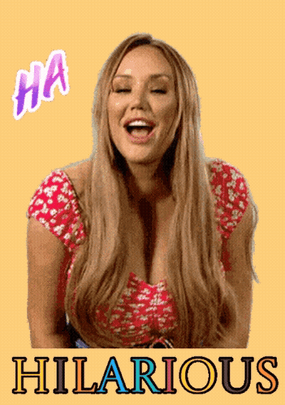 A Woman Is Laughing In Front Of A Yellow Background With Hilarious Written On It GIF
