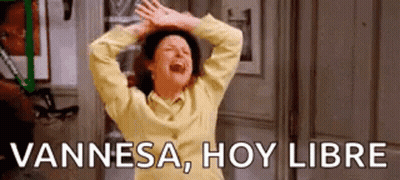 a woman is laughing with her hands in the air and the words vannesa , hoy libre written on the bottom .