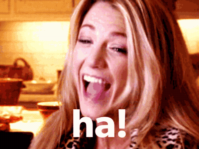 a woman is laughing with her mouth open and the word ha is on her face