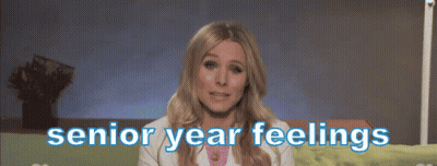 A Woman Is Laughing With The Words " Senior Year Feelings " Below Her GIF