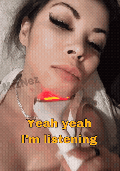 A Woman Is Laying Down With A Device On Her Neck And The Words Yeah Yeah I 'M Listening Above Her GIF