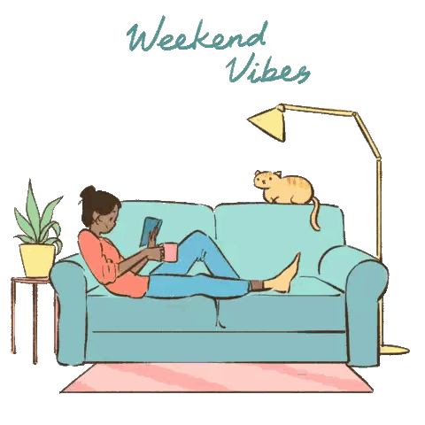 A Woman Is Laying On A Couch Reading A Book With A Cat Looking On Sticker
